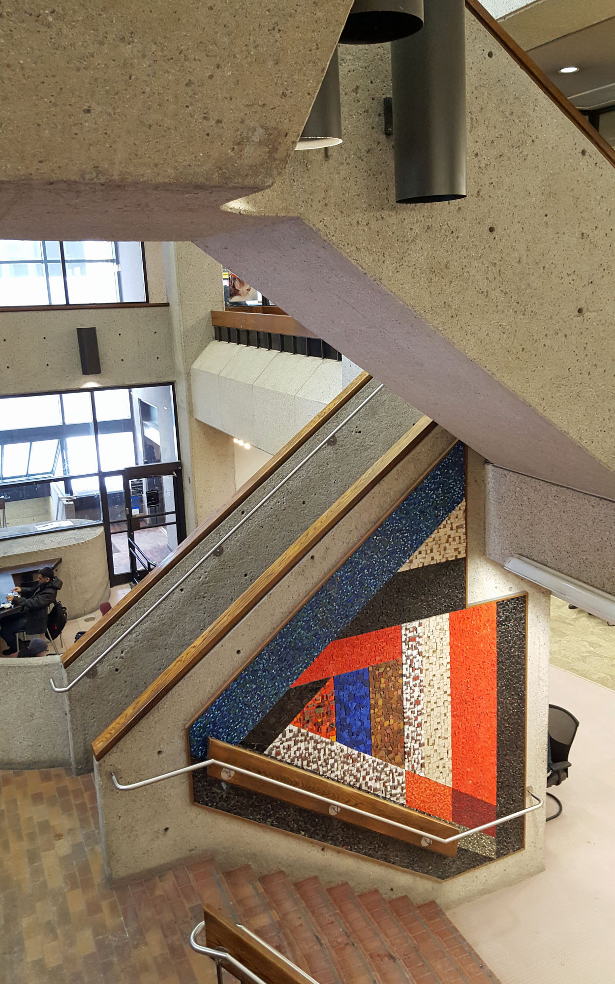 Detail of the central stair in the atrium, highlighting the Gerald Trottier mosaic