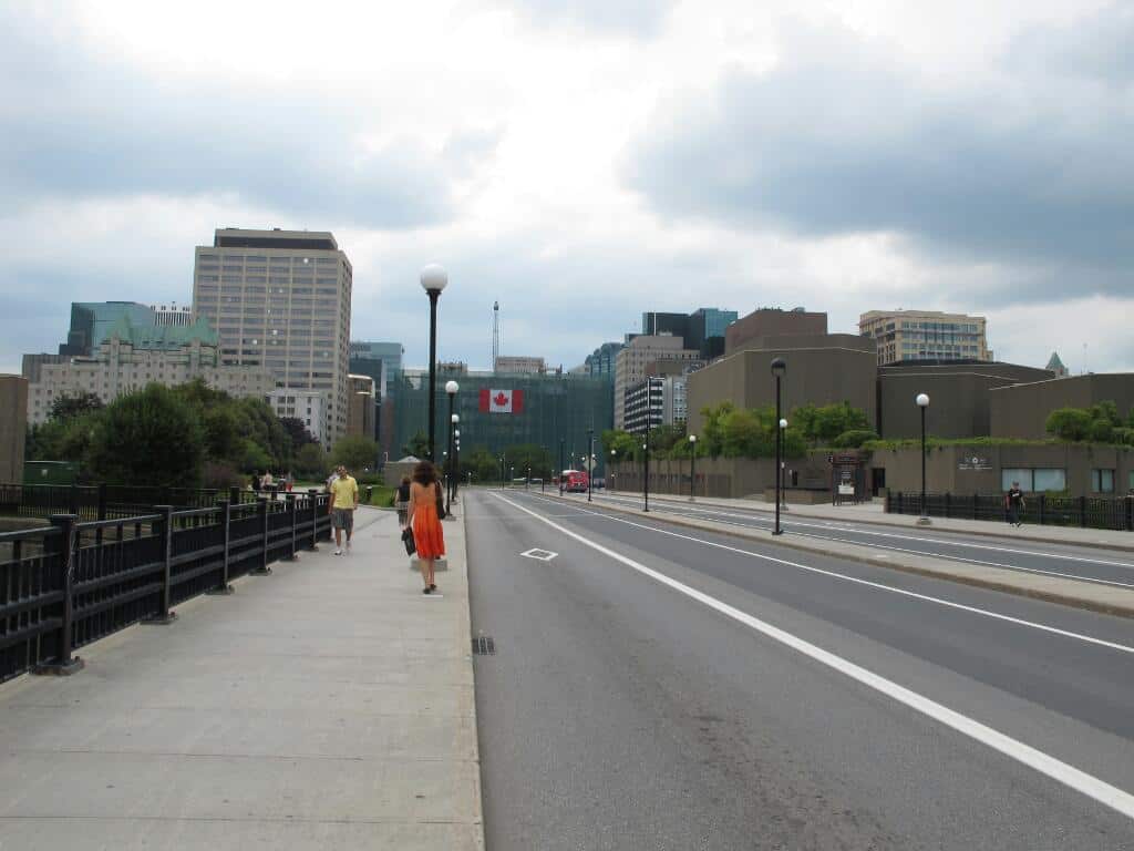 Looking west towards the Lorne Building from th Convention Centre on Mackenzie King Bridge