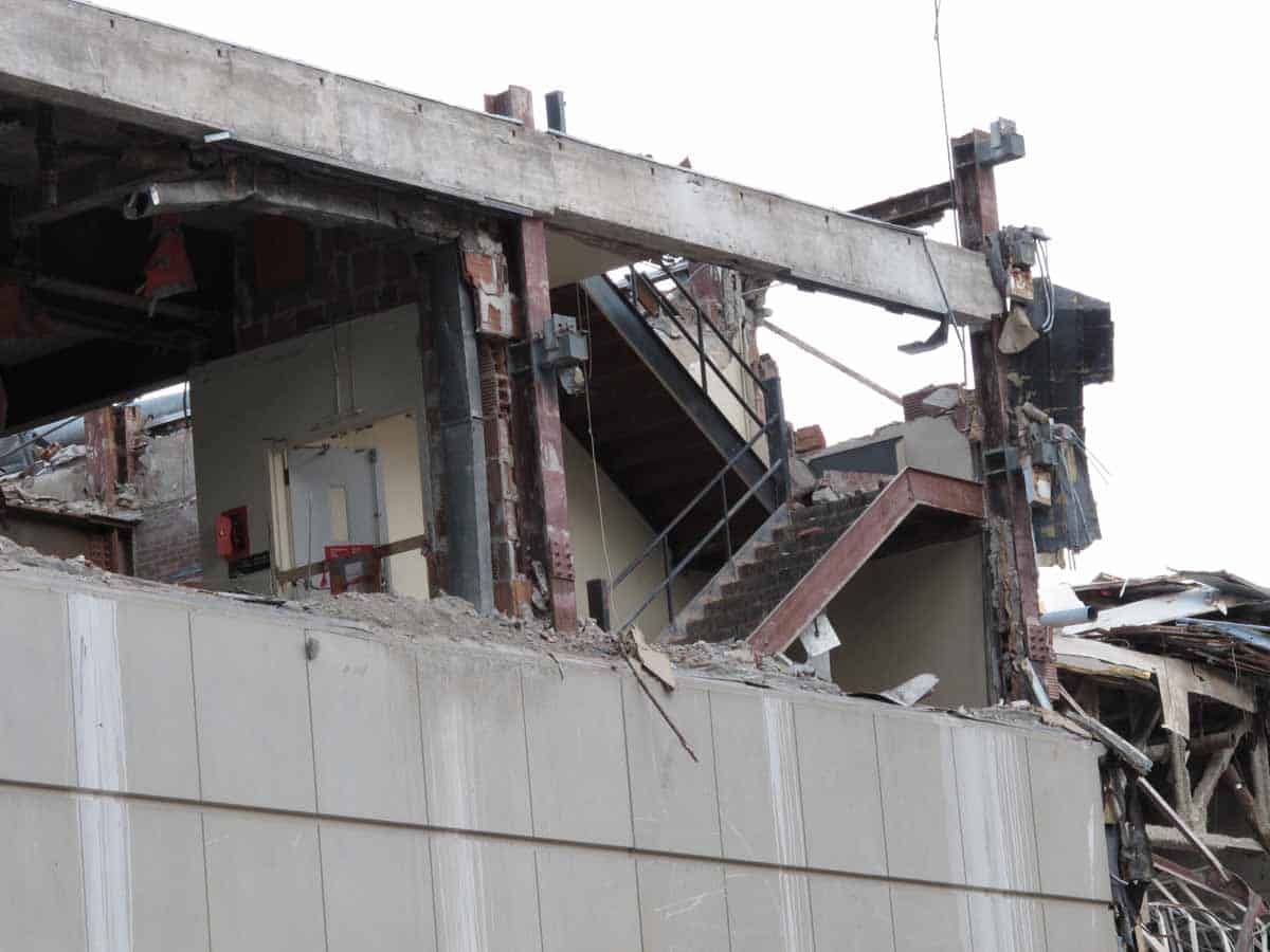 Detail of northwest exit stairwell surrounded by exposed structure