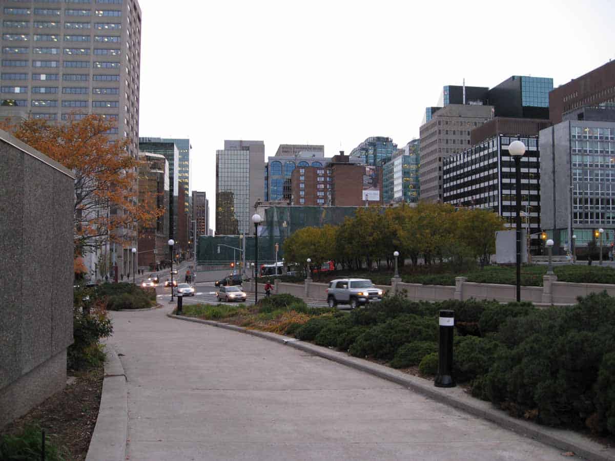 Approaching the remains of the Lorne Building from the east on Mackenzie King Bridge