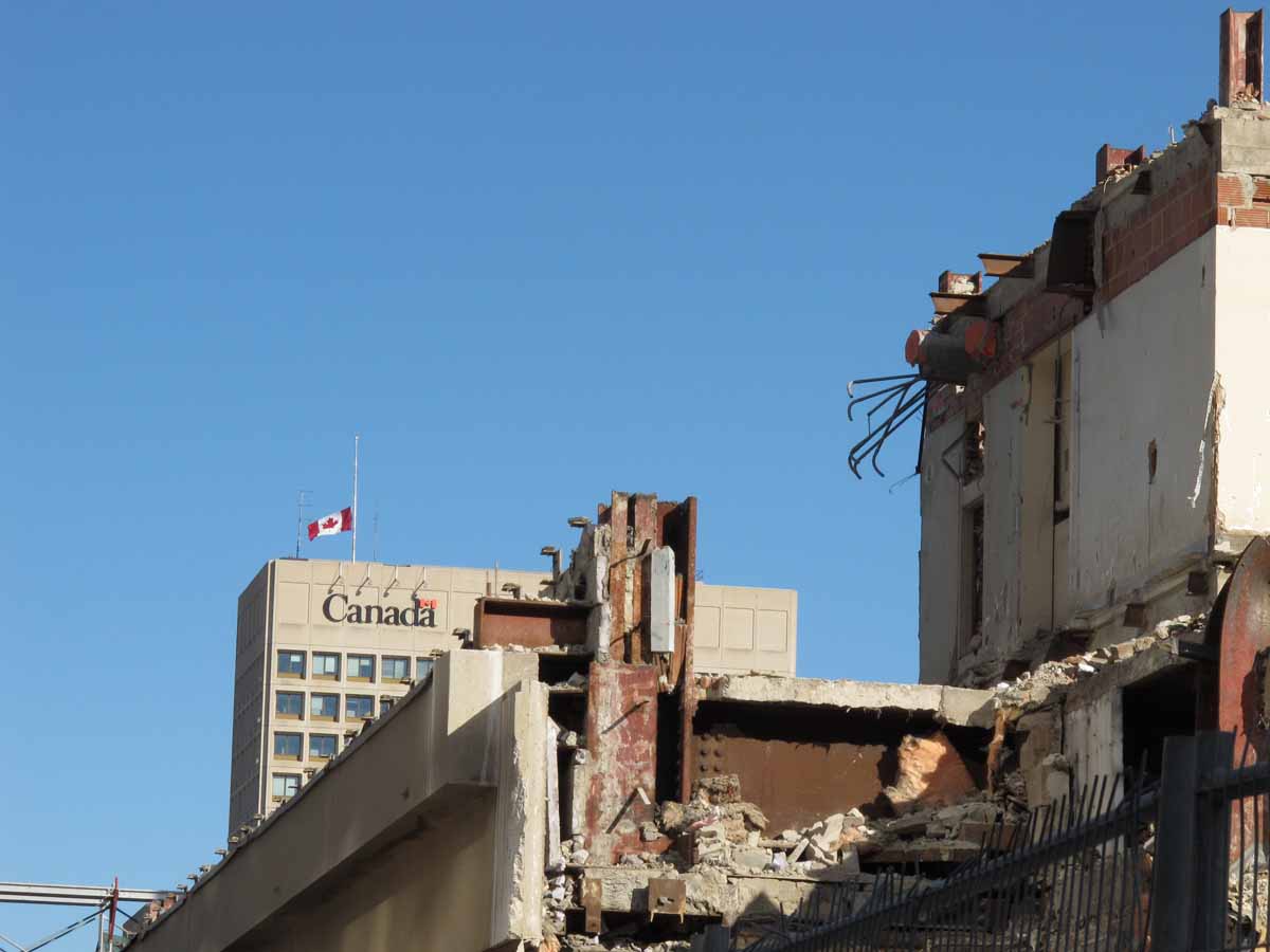 Northwest corner of building with exposed structure