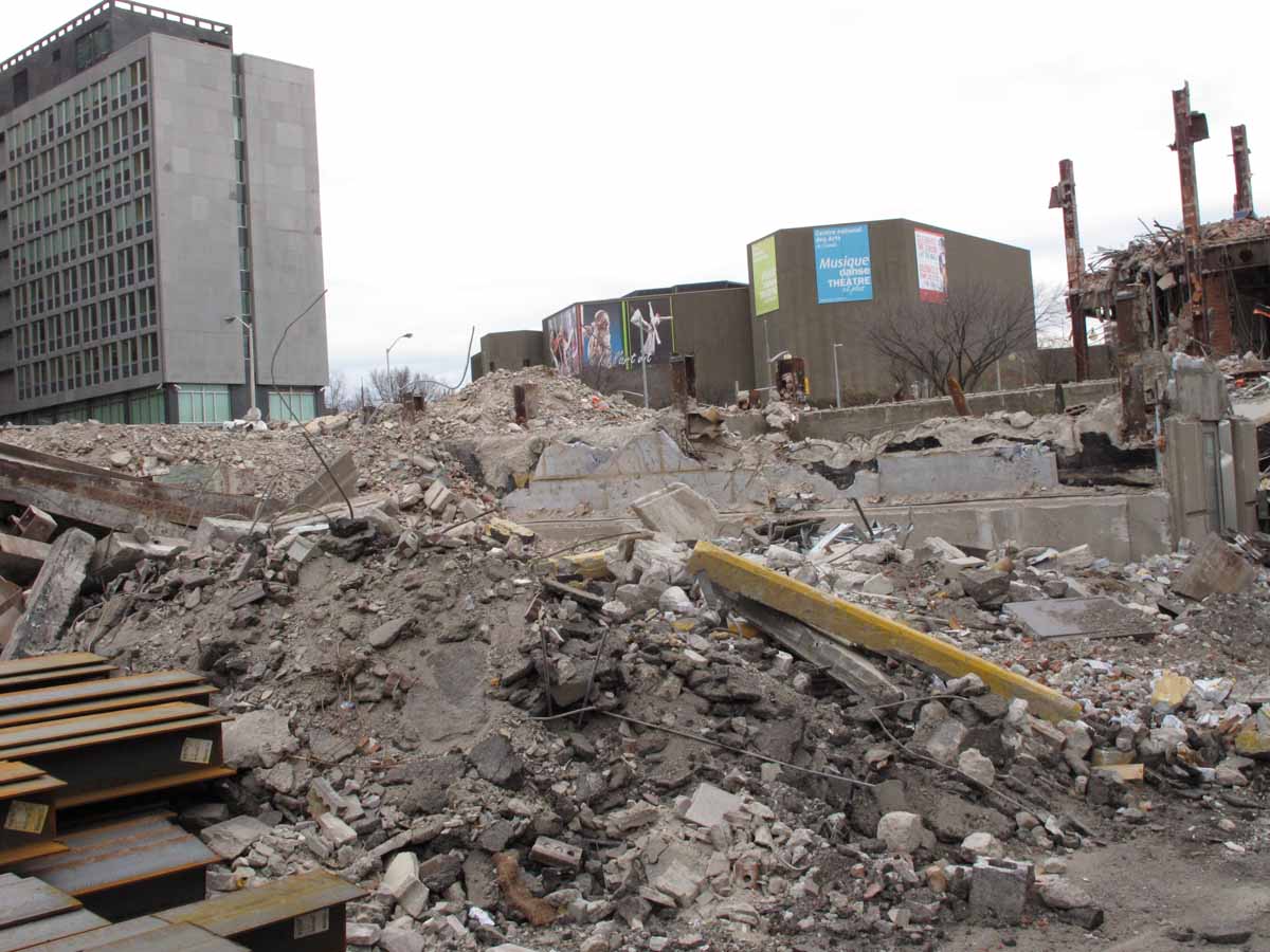 Demolition debris along the southern edge of the site