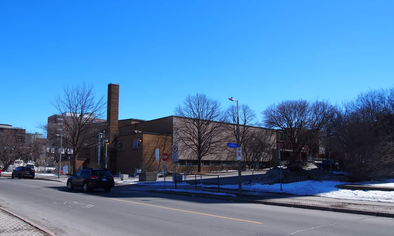 Approaching the building from the northwest on Beausoliel Drive