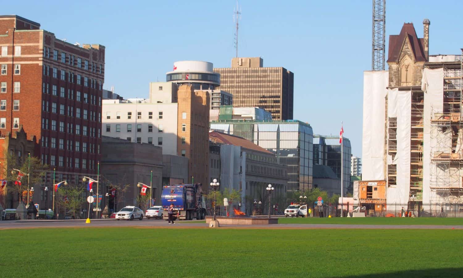 Looking southwest across the lawn from East Block towards the Centennial Flame