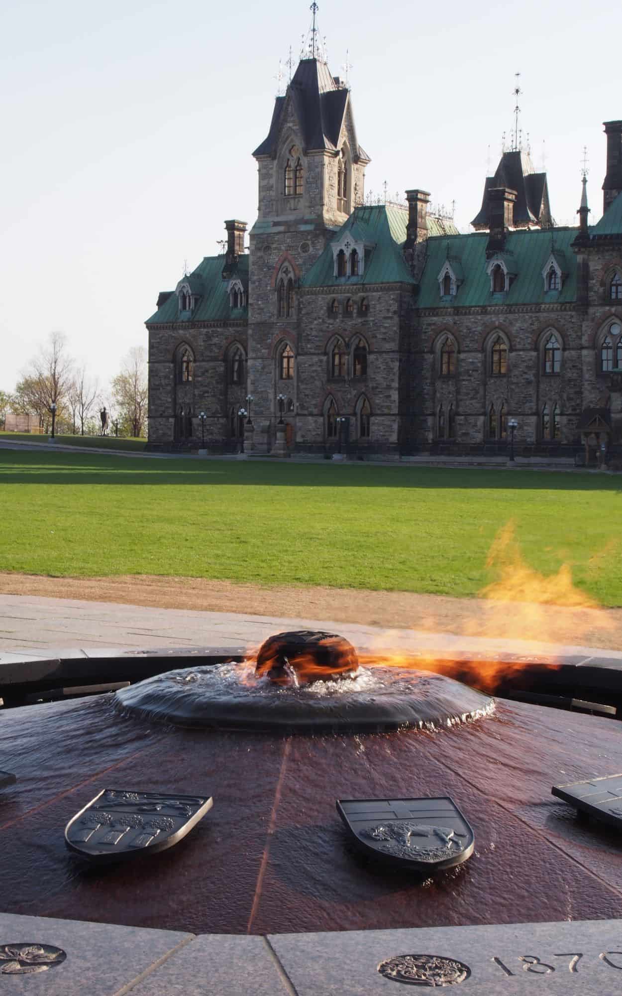 Looking northeast toward East Block with the flame in the foreground