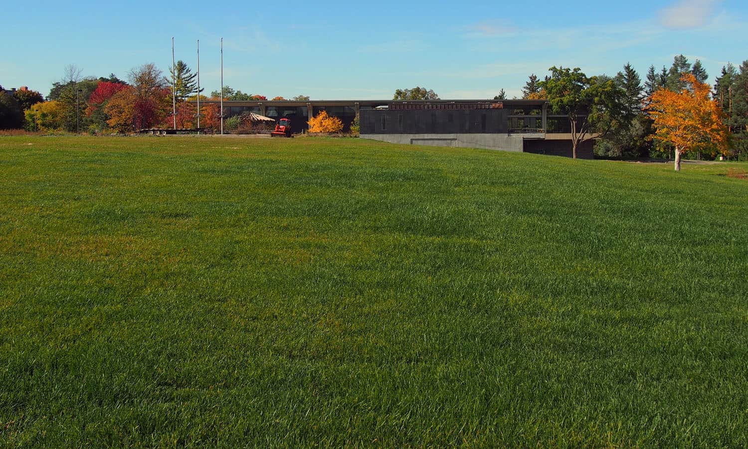 Looking towards the cafeteria wing across an open field where the office block was formerly located