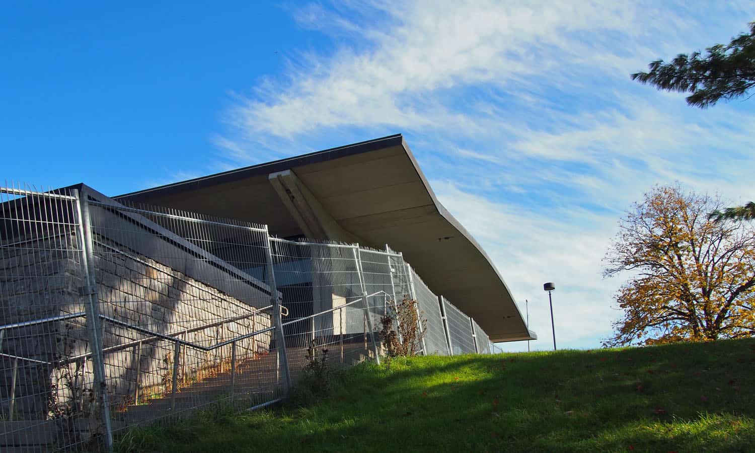 Approaching the cafeteria wing from the southwest