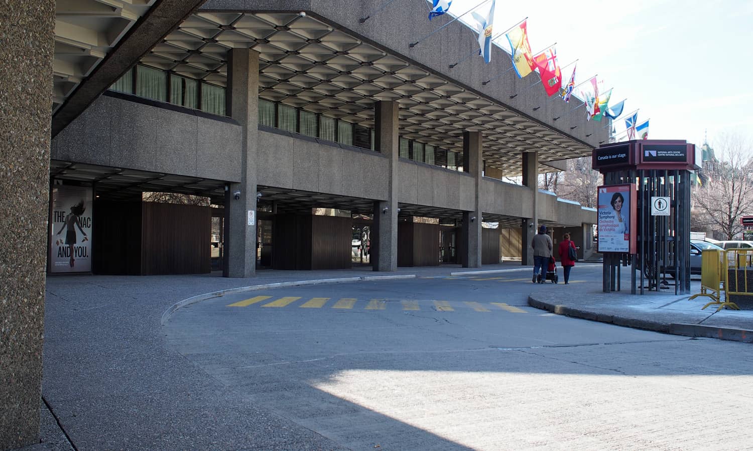 Looking northwest towards the canal level entry and current automobile drop-off