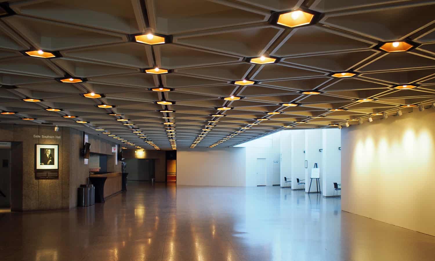 Lower level Southam Hall lobby with the Founder's Circle hoarded off