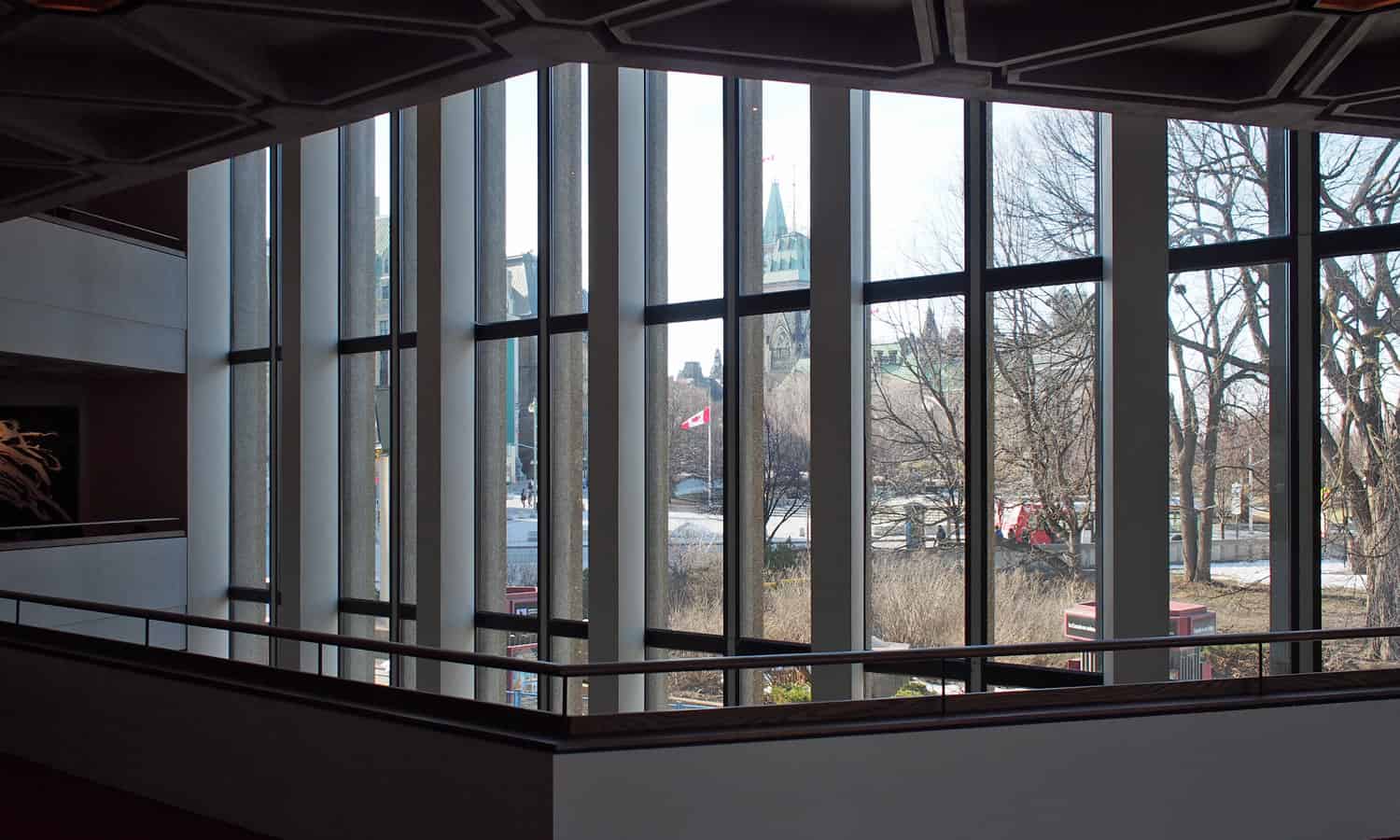 Looking northwest through the Southam Hall Lobby window towards Parliament Hill