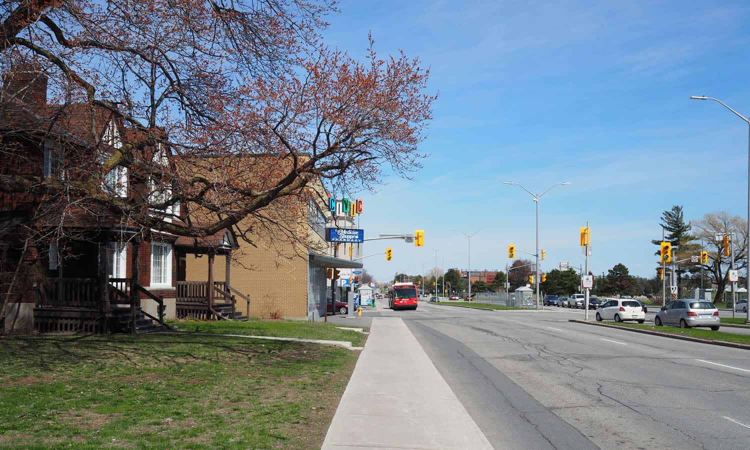 Looking east on Carling Avenue with the Civic Pharmacy in the background